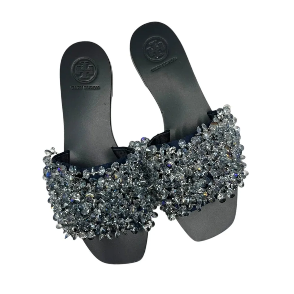 NEW Tory Burch Crystal Embellished‎ Crystal Slide Sandals Navy Black Leather 6M
